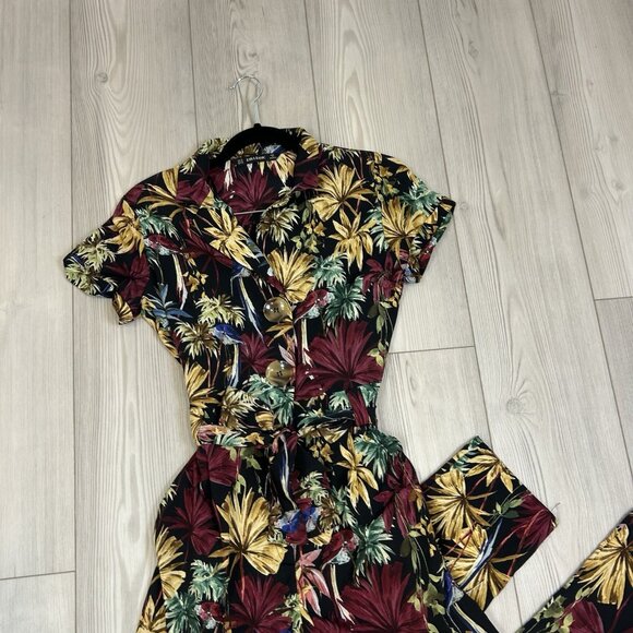 Zara Basic Tropical Print Jumpsuit with Belt, Short Sleeve, Size XS - Picture 2 of 10
